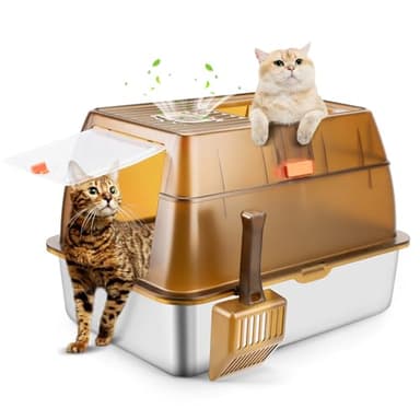 Bartuke Bac à litière pour Chat en Acier Inoxydable avec Couvercle, Grande XXL Litiere Anti Fuites et Anti Odeur Fermée Maison de Toilette Chat avec Pelle, Facile à Nettoyer(Marron)