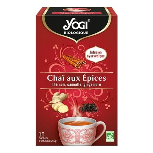 YOGI Biologique Chaï aux Épices, Infusion 100 pourcent Bio au Thé Noir, Cannelle et Gingembre, 15 sachets thermosoudés et sans agrafe, 24 g, 310016