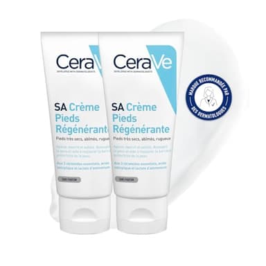 CeraVe - SA Crème Pieds Régénérante - Exfolie, Nourrit, Apaise & Assouplit - Acide Salicylique + Lactate d'Ammonium + 3 Céramides Essentiels - Pieds Secs, Abîmés, Rugueux, Squameux - 2 x 88 ml