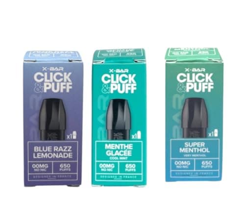 Click & PUFF - Pack de 3 cartouches réutilisables- compatible avec Batterie rechargeable (sans nicotine ni tabac) (Blue Razz Lemonade, Menthe Glacée,Super Menthol)