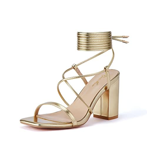 GENSHUO Sandales à Lacets avec Bout Carré Ouvert et Talon Bloc pour Femme, Chaussures de Mariée d'Été pour Mariage, Doré B, EU 42