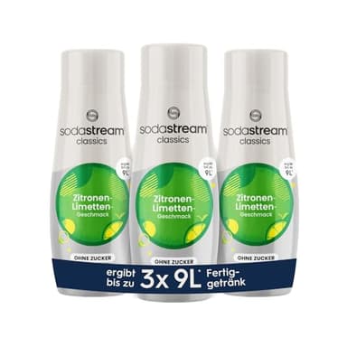 SodaStream Sirop 3 x Citron-Citron Vert Sans Sucre, 1 x Bouteille de 9 L de Boisson Prête, Préparé en Secondes et Toujours Fraîche, 3 x 440 ml