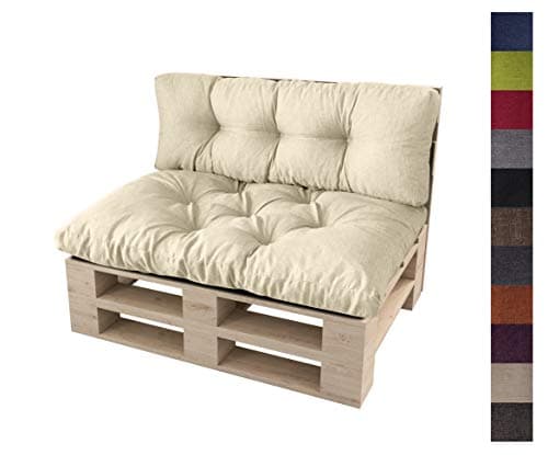 sunnypillow set 2 Coussins pour palette Euro Canapé Jardin Salon - Siège 120 x 80 x 12 cm + Appui 120 x 40 x 15 cm - Extérieur - Différentes Tailles et Couleurs à Choisir Assise Dossier - Ecru - Crème