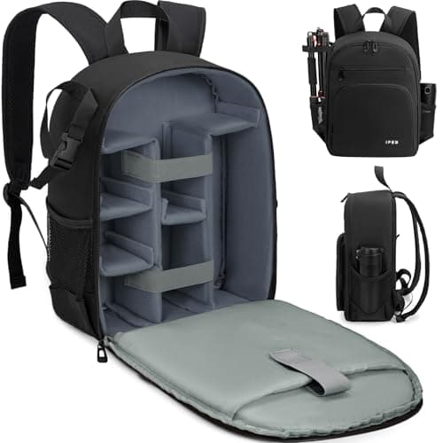 IPEB Sac à dos pour appareil photo avec support pour trépied Boîtier étanche pour appareil photo Sac à dos de photographie Anti-vol pour appareil photo DSLR/SLR sans miroir Nikon Sony Canon (Noir-Gris