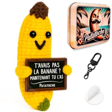 Cadeau Original & Inspirant | Positive Patate en français | Idée Drôle Fete | Anniversaires Homme Femme Couple Ado Collegue Objet Bureau | Peluche Enfant Fillle Garcon | Humour Motivation (BANANE)