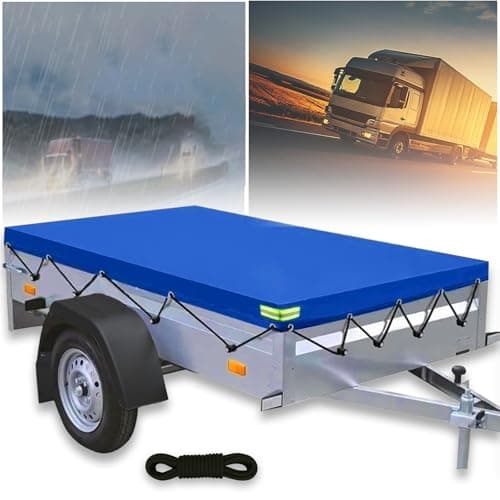 alouweekuky Bache Remorque 258 X 136 X 8 cm, 600D PVC Renforcé Bâche pour Remorque, Bâche Protection Plate avec Corde de Bâche et Bandes Réfléchissantes Adaptée Aux Remorque de Voiture 750 kg