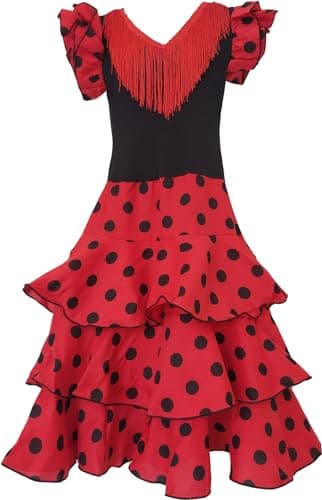 Flamifeel Robe Flamenco Rouge à Pois Noir (FR/ES. Âge. 12 Ans. Taille Normale. Rouge)