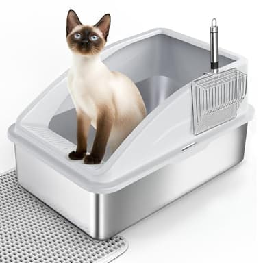 Litière pour Chat, XXL Bac à Litière en Acier Inoxydable, 28 L Grande capacité, Étanche et Anti-Renversement Litière pour Chats Semi-fermée, avec Pelle à litière pour Chat et Tapis 60 x 40 x 31 cm