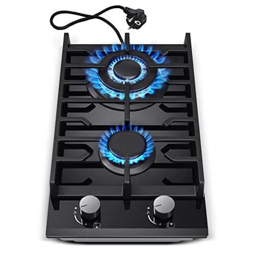 Plaque de cuisson à gaz à 2 feux, 30 cm, noire, en verre trempé, avec supports en fonte, convertible NG/LPG, plaque de cuisson à gaz avec protection contre la flamme