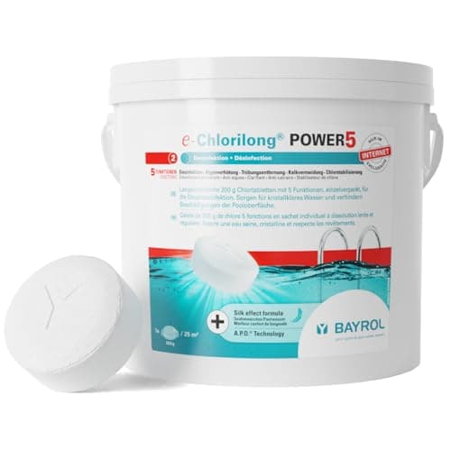 BAYROL e-Chlorilong POWER5 5 kg - Galets de Chlore Multifonction 200 g - Traitement 5 Fonctions en Un Seul Geste - pour Tous Types de filtres - Formule Silk Effect
