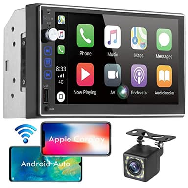 Radio Coche de oble DIN Con Apple CarPlay inalámbrico y Android Auto - Estéreo de automóvil Con Pantalla táctil de 7", cámara de Respaldo de 12 LED, Mirror Link, USB/AUX/TF/Radio FM