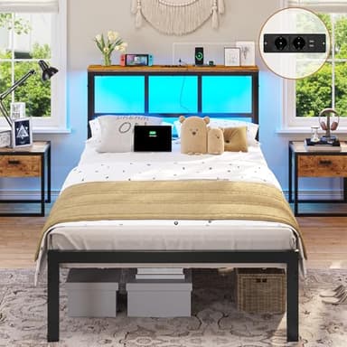 Brinlawb Lit 90x200cm en Métal, Lit 1 Personne avec Lumières LED et Multiprise(2 Prises AC, 2 Ports USB) Cadre de lit 90x200 avec sommier Métal, Cadre en métal, Facile à assembler, Marron Vintage+Noir