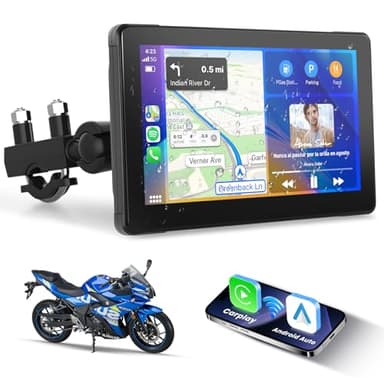 Podofo Écran Carplay sans Fil 7 Pouces pour Moto Portable CarPlay et Android Auto pour Moto, écran Tactile étanche avec Double Bluetooth, Navigation Moto/Assistant Siri/12 V, 1024 x 600
