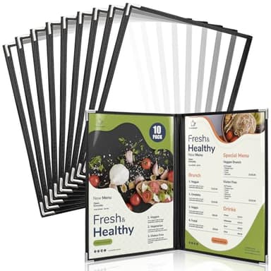 WenYa Lot de 10 couvertures de menu A4 à double pliage, 2 pages 4 vues de style américain, bordure noire, couverture pliable pour menu de vin avec protections d'angle en acier inoxydable pour