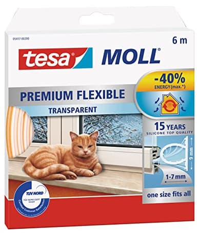 tesa Calfeutrer Joint Portes & Fenêtres - Comble TOUS les espaces Premium - Joint en Silicone Adhésif pour l'Isolation des Fenêtres et des Portes - Transparent - 6 m x 9 mm x 7 mm