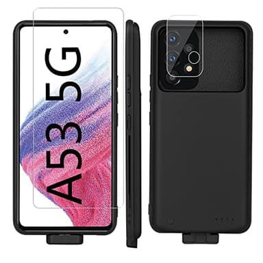 Coque de batterie A53 pour Samsung Galaxy A53 5g, 5000 mAh batterie externe de secours pour Galaxy A53 5 g, protection d'écran et protecteur d'appareil photo Noir