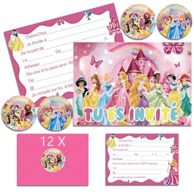 Hangsky 12x Princesse Invitation Anniversaire Fille en Français avec Enveloppes, Princesse Carte Invitation Anniversaire à Thème, Cartes d'Invitation de Fête pour Anniversaire Fille (A6) (A)