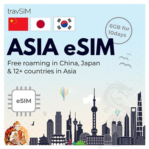 travSIM Asia eSIM | 6GB de données Mobiles | Roaming Gratuit en Chine, au Japon, en Corée du Sud et dans Plus de 12 Pays d'Asie | Le Forfait de Cette Asia eSIM est valable Pendant 10 Jours.