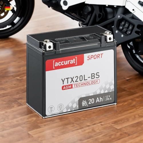 Accurat batterie moto YTX20L-BS AGM 12V 20 Ah 177 x 88 x 155 mm – Batterie de Démarrage Haute Performance Sans Entretien, Résistante aux Vibrations, Batterie Quad