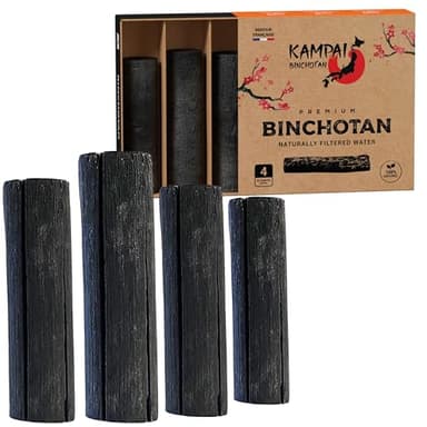 KAMPAI Charbon Actif Eau x4 | Filtre 2.5L à 3L / Baton | Binchotan Gros calibre | Purificateur Vegetal Bio - Recharge Carafe filtrante - Purification Eau du Robinet Bouteille Verre Gourde
