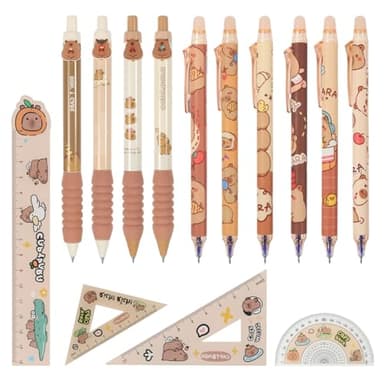 LHOEST Stylo Capybara Kawaii 14 Pièces Bleu Stylo Effacables Animaux Papeterie Capybara Règle Mignon Stylos Effaçables Cute Papeterie Kawaii Affaire Scolaire 0.5 mm Noir Stylos Fille Garçon Enfant