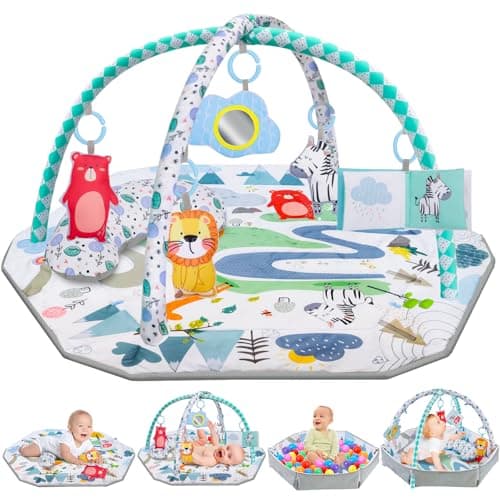 Tapis d'éveil Bébé, Tapis de Jeu pour Bébé Avec Arches Amovibles 6 Jouets Multifonctionnels, Tapis de Jeux Bébé Polyvalent, Tapis d'éveil et de jeux pour Naissance en Garçons et Filles