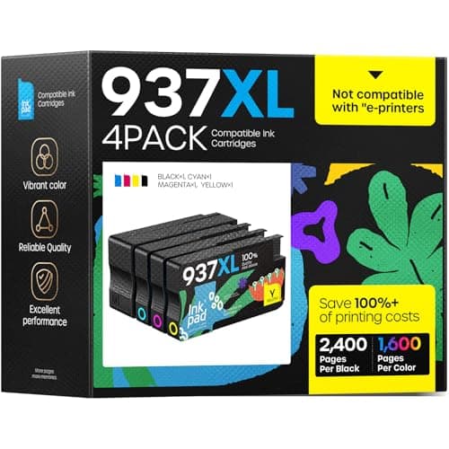 4 Pack 937XL Cartouches d'encre avec Puce Compatible pour HP 937 EvoMore 937E 937XL pour HP OfficeJet 9110b 9130b 9120b 9117b Cartouches d'impression Noir et Couleur (avec Puce)