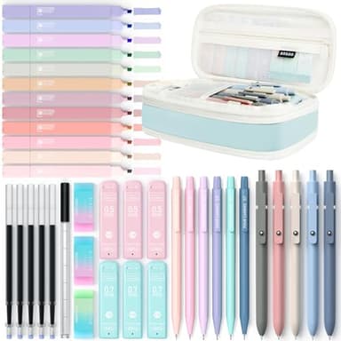 Four Candies Lot de 39 fournitures scolaires esthétiques avec jolie trousse à stylos, 12 surligneurs pastel, 5 stylos à encre gel noire, 6 porte-mines de 0,5 et 0,7 mm pour étudiants (bleu)