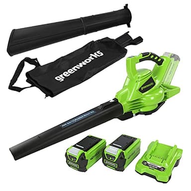Greenworks 40V Aspirateur Souffleur Sans fil de Feuilles à Batterie avec Moteur Sans Balais, 280 km/h, 9,63 m³/min, Sac pour Mulching de 45L, Deux Batteries 2Ah et Chargeur, Garantie 3 Ans GD40BVK2X