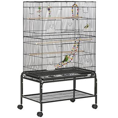 PawHut Cage à Oiseaux sur Pieds roulettes avec 4 mangeoires et 3 perchoirs 79 x 49 x 133 cm Noir