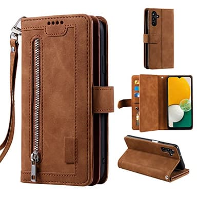 EYZUTAK Coque pour Samsung Galaxy A54 5G, Etui à Rabat en Cuir Fermeture à Glissière Magnétique Portefeuille avec 9 Emplacements pour Cartes Fonction Stand Etui en Cuir Mat Rétro-Marron