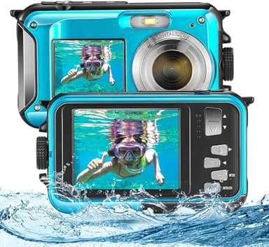 Biebuxo Appareil Photo Etanche Numérique,Full HD 2,7K 48MP Appareil Photo Etanche Marine Zoom Digital 16x Camera Etanche avec Microphone LED Retardateur pour Adolescents Élèves Débutants Bleu
