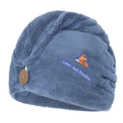 Serviette Super Absorbantes pour Cheveux, Serviette de Séchage pour Femmes et Filles en Microfibres Wrap Turban Bain avec Bouton pour Cheveux Longs et Courts Séchage Rapidement,Blue,Taille unique