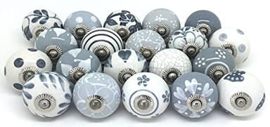 Lot de 20 boutons de tiroir en céramique peints à la main (gris et blanc)