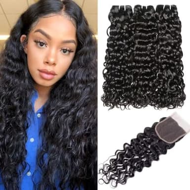 9A tissage brésilien Water Wave meches bresiliennes lot 3 avec closure non transformés cheveux naturel brésilienne Noir naturel 22 24 26+20 pouce