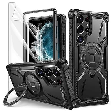 Lanhiem Coque pour Samsung S22 Ultra avec 1 Protection Écran, Antichoc Étui de Militaire Protection, Anneau Support Renforcée Armure Housse pour Samsung Galaxy S22 Ultra, Noir