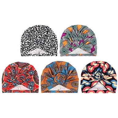 DRESHOW 5 Pièces Turban Africain pour Femme Bonnet Pré-noué Bonnet Chimio Casquette de Perte de Cheveux Chapeau,Taille unique,5 Pack Leopard Print Fleur