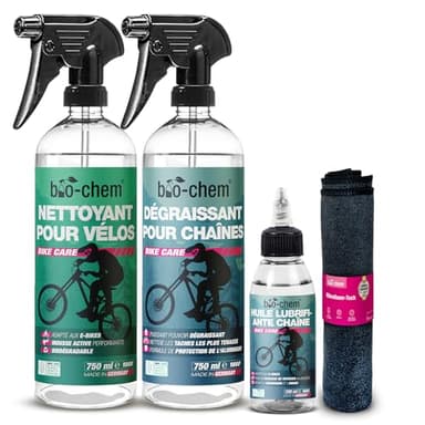 bio-chem - Basic Set 4 produits pour entretien de vélo, vtt - Nettoyant complet 750ml - Dégraissant chaînes 750ml - Huile lubrifiante 100ml - Chiffon en microfibres