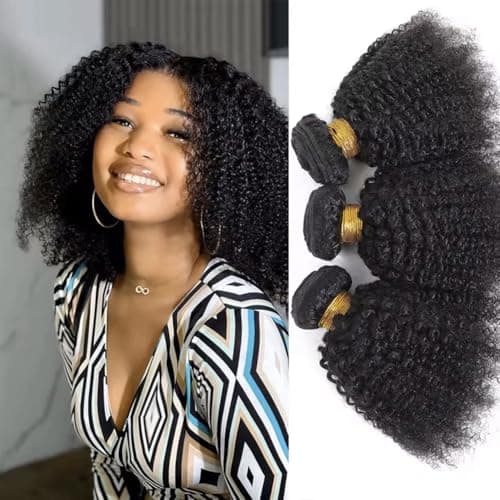 Tissage Bresilien en Lot Afro Kinky Curly Human Hair Bunldes Tissage Naturel Cheveux Humain Bouclé Meche Bresilienne Couleur Naturelle Noire 10 12 14 Pouces 300g