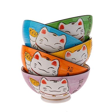 lachineuse - Coffret Bols Japonais Design Maneki Neko - 5 Bols à Riz Traditionnels Ø 11,5 cm - 275 ML - Chat Nippon Porte-Bonheur - Déco Japonaise - Idée Cadeau