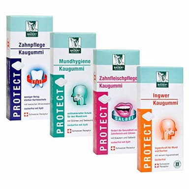 Gomme à mâcher PROTECT de BADER en pharmacie. Hygiène buccale, soins dentaires, soins des gencives, gingembre. 4 sortes x 20 carrés de chewing-gum.