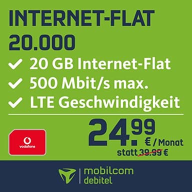 mobilcom-debitel Vodafone forfait Internet 6 000 avec 6 000 Mo LTE max.375 Mbit/s, forfait d’abonnement internet national, durée de 24 mois, seulement 14,99 euros par mois, triple carte SIM.