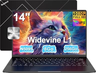 Ordinateur Portable 14 Pouces Celeron N5095 (jusqu'à 2,9 GHz) Win11 8Go 256Go SSD Extension1To 5G WiFi 1920x1080 FHD PC Portable avec Souris sans Fil & AZERTY Membrane du Clavier - Noir Métal Laptop