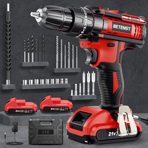 Perceuse Visseuse Sans Fil, BETENST Visseuse Devisseuse Sans Fil 21V, Perceuse Percussion 42Nm avec 2 Batteries 2.0Ah, 25+3 Réglages de Couple, LED, 2 Vitesses, 30 Accessoires pour la Bricolage