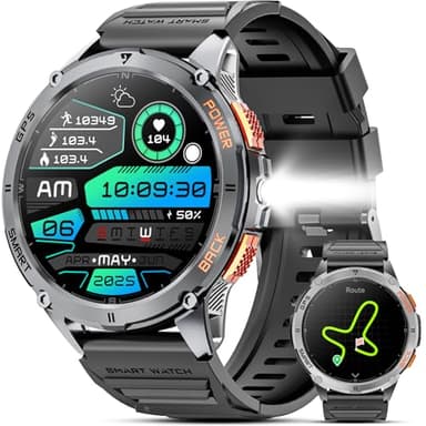 GPS Montre Connectée Homme, 1.43" AMOLED Smartwatch avec Appels Bluetooth/LED Flashlight/170 Modes Sportifs/Sommeil Moniteur/Batterie 530mAh/Étanche IP68 Montre Sport pour Android iOS (Noir)