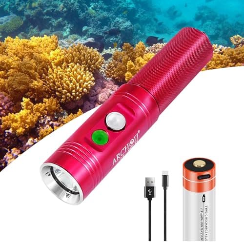 ARCHON Lampe de poche de plongée sous-marine 1200 lumens étanche avec indicateur d'alimentation, faisceau étroit et chargeur USB, lampe de poche rouge pour éclairage sous-marin