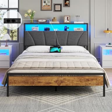Brinlawb Cadre de Lit 140 x 190 avec Sommier en Métal, Lit 2 Personnes avec Lumières LED, Multiprise(2 Prises AC,2 Ports USB) lit Double 140x190 avec Rangement, Facile à Assembler, Marron Vintage&Gris