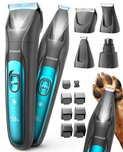 oneisall 4-en-1 Tondeuse Chien Chat Professionnelle Sans Fil, Tondeuse Chien Poil Long Epais avec Lumière LED, Toilettage pour Chien 2000mAh Rechargeable, Toilettage Animaux Rasoir à Chien et Pattes