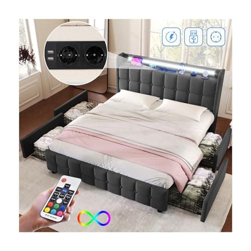 Lit 180x200 Avec Sommier LED et USB, Coffre, Tête de Lit et 4 Tiroirs - Double Avec Lattes et Espace de Rangement - Capitonné Cadre de Lit (Sans Matelas)