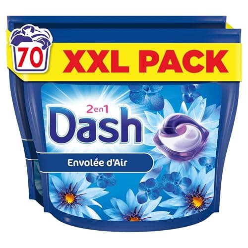 Dash 2en1 PODS, Lessive En Capsule, 70 Lavages, Envolée d’air, 3 SEMAINES DE FRAÎCHEUR* AVEC L’ADOUCISSANT LENOR, Fabriquée En France, Dash 2in1